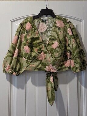Tropical Wrap Tie Up Crop Top Olive Green & Pink XXL